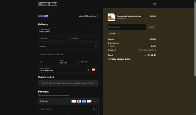Georgia Boot checkout page showing Georgia Boot promo code box | Screenshot taken by SimplyCodes community member on Aug 21, 2025