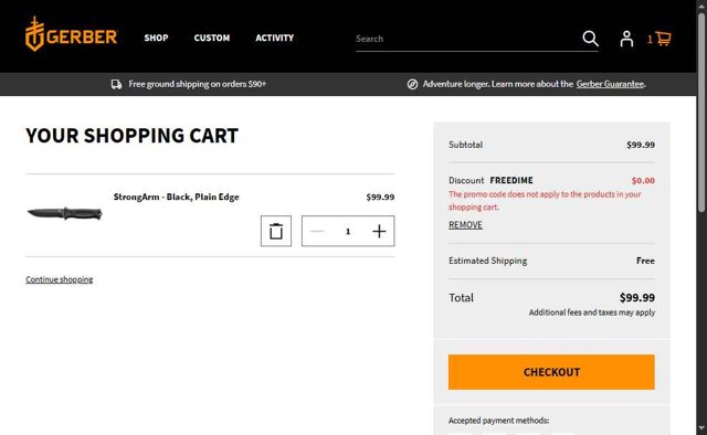 Gerber Gear checkout page showing Gerber Gear promo code box | Screenshot taken by SimplyCodes community member on Jul 17, 2025