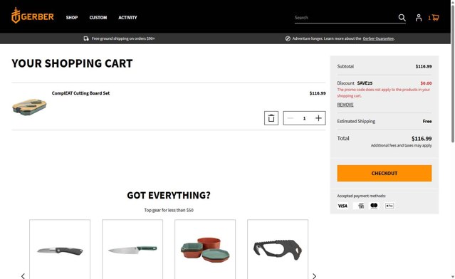 Gerber Gear checkout page showing Gerber Gear promo code box | Screenshot taken by SimplyCodes community member on Aug 22, 2025
