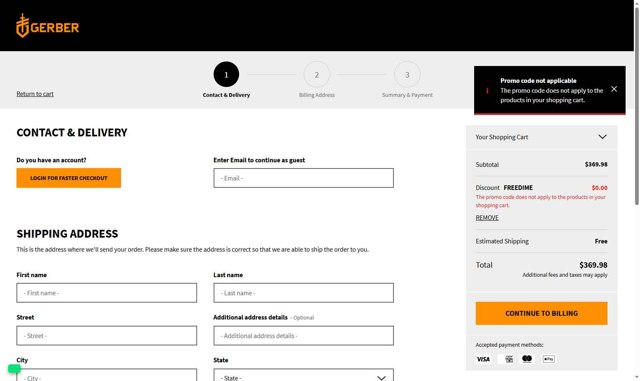 Gerber Gear checkout page showing Gerber Gear promo code box | Screenshot taken by SimplyCodes community member on Aug 3, 2025