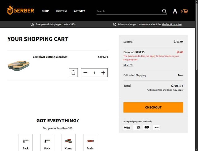 Gerber Gear checkout page showing Gerber Gear promo code box | Screenshot taken by SimplyCodes community member on Sep 5, 2025