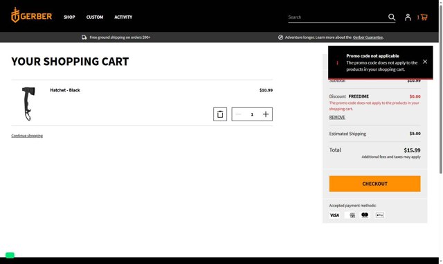 Gerber Gear checkout page showing Gerber Gear promo code box | Screenshot taken by SimplyCodes community member on Aug 12, 2025