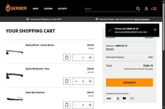 Gerber Gear checkout page showing Gerber Gear promo code box | Screenshot taken by SimplyCodes community member on Jul 17, 2025