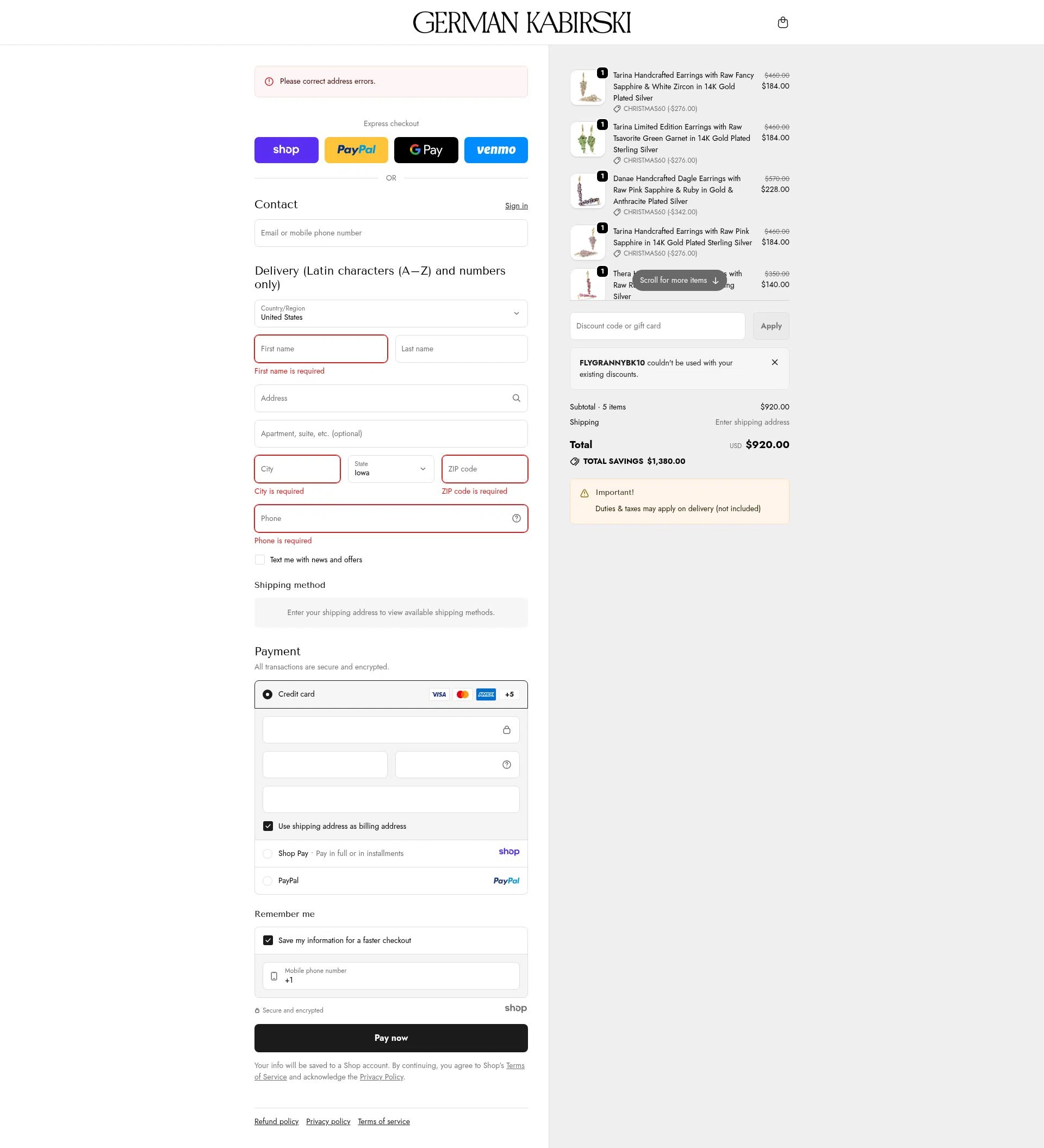 German Kabirski checkout page showing German Kabirski discount code box | Screenshot taken by SimplyCodes community member on Jan 2, 2026