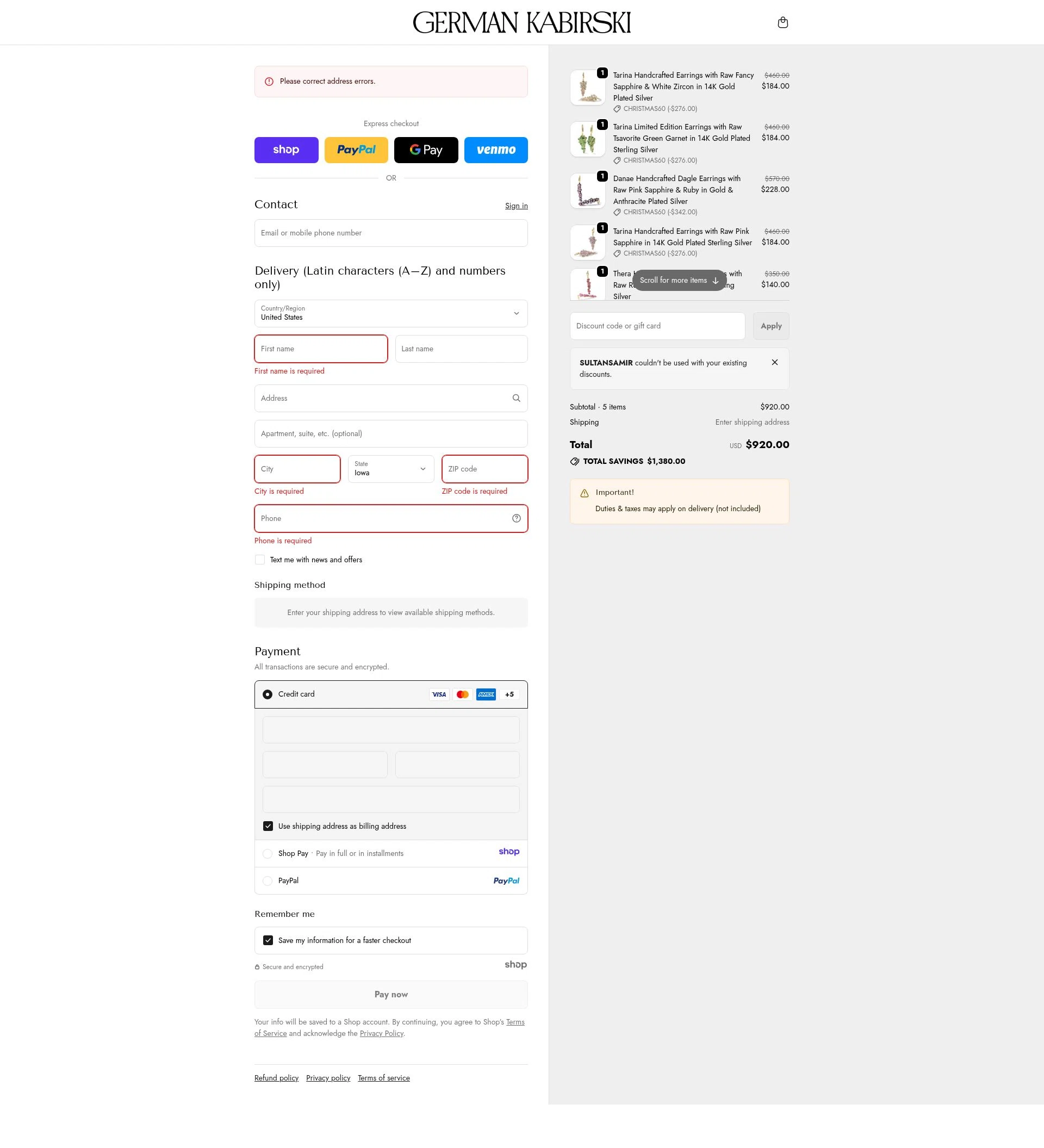 German Kabirski checkout page showing German Kabirski discount code box | Screenshot taken by SimplyCodes community member on Jan 2, 2026