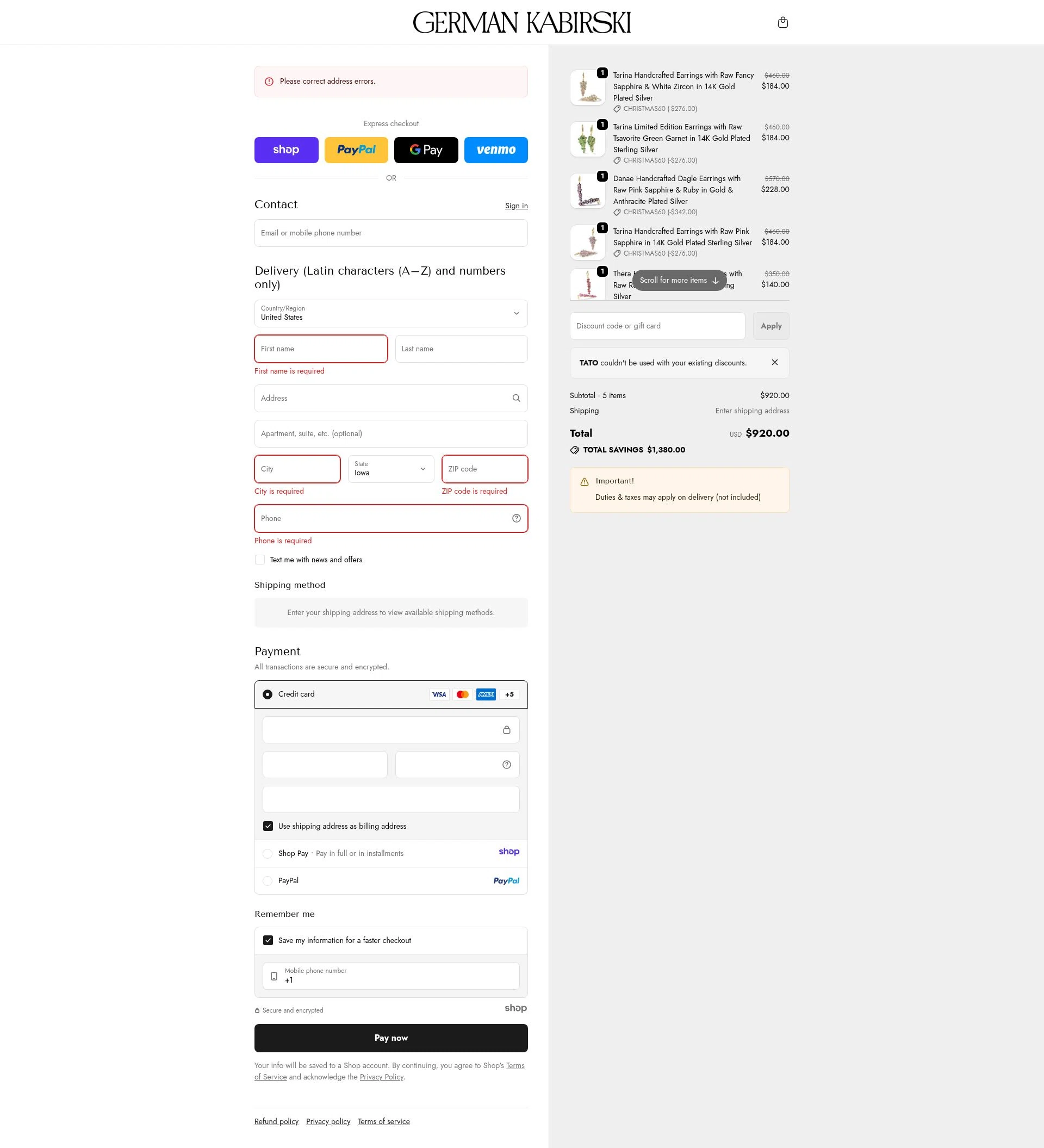 German Kabirski checkout page showing German Kabirski discount code box | Screenshot taken by SimplyCodes community member on Jan 2, 2026