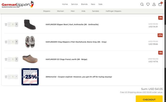 German Slippers checkout page showing German Slippers discount code box | Screenshot taken by SimplyCodes community member on Aug 6, 2025