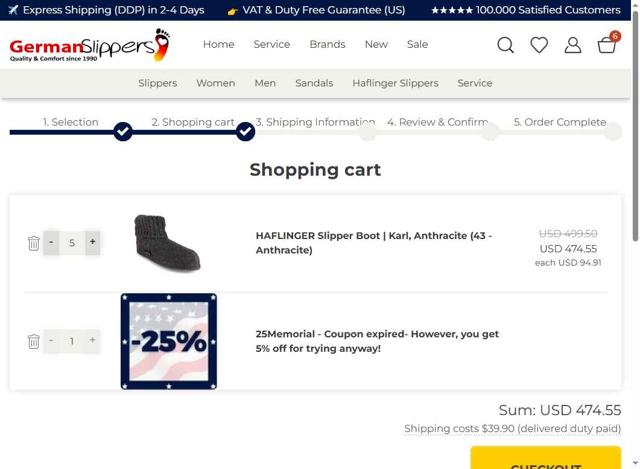 German Slippers checkout page showing German Slippers discount code box | Screenshot taken by SimplyCodes community member on Sep 1, 2025