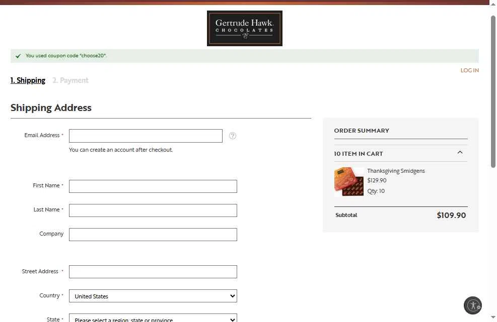 Gertrude Hawk Chocolates checkout page showing Gertrude Hawk Chocolates coupon code box | Screenshot taken by SimplyCodes community member on Nov 17, 2025