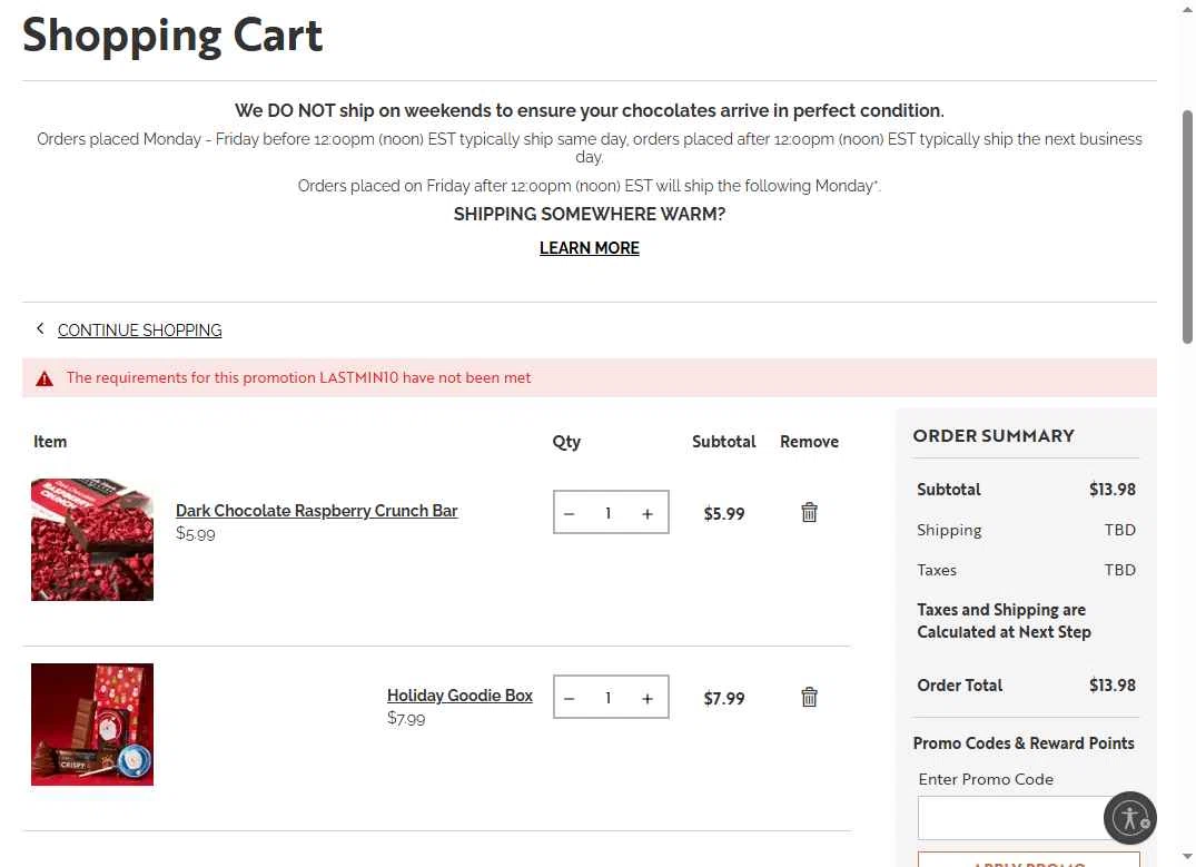 Gertrude Hawk Chocolates checkout page showing Gertrude Hawk Chocolates coupon code box | Screenshot taken by SimplyCodes community member on Dec 19, 2025