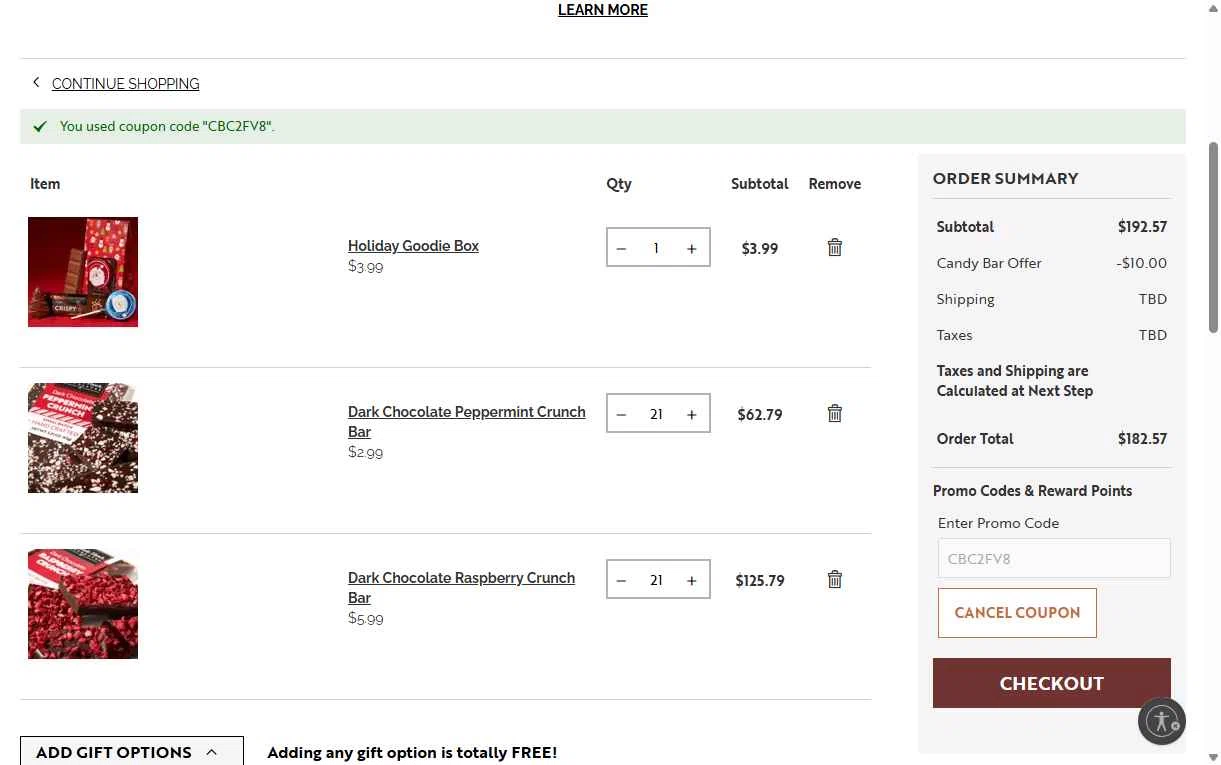 Gertrude Hawk Chocolates checkout page showing Gertrude Hawk Chocolates coupon code box | Screenshot taken by SimplyCodes community member on Jan 4, 2026