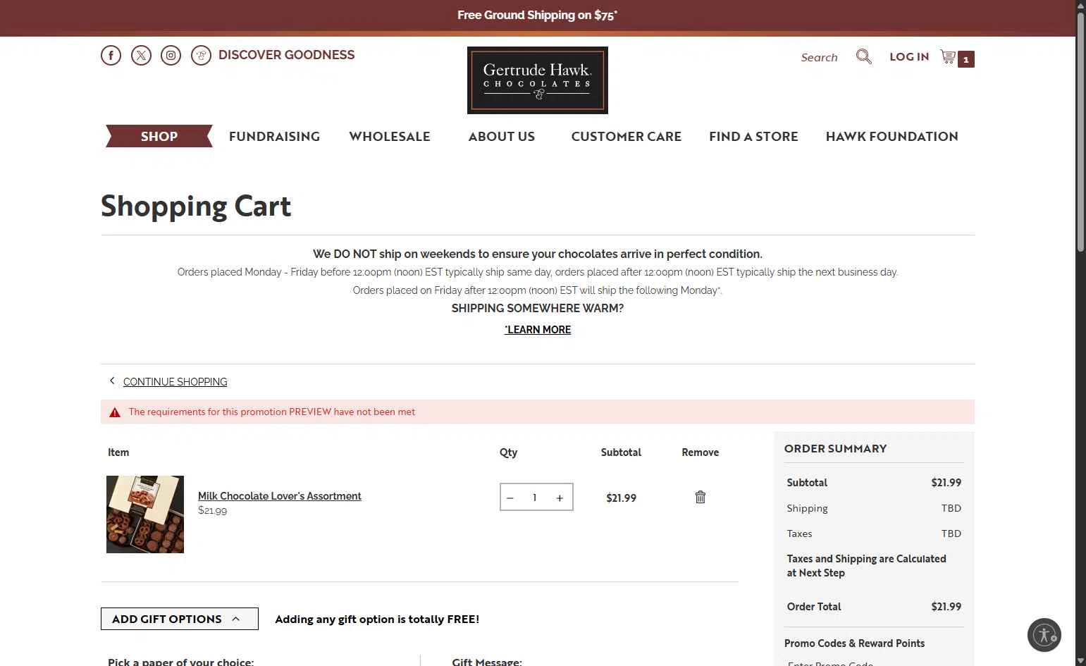 Gertrude Hawk Chocolates checkout page showing Gertrude Hawk Chocolates coupon code box | Screenshot taken by SimplyCodes community member on Nov 14, 2025