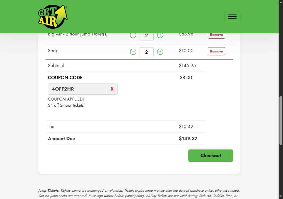 Get Air Trampoline Park checkout page showing Get Air Trampoline Park coupon code box | Screenshot taken by SimplyCodes community member on Dec 29, 2025