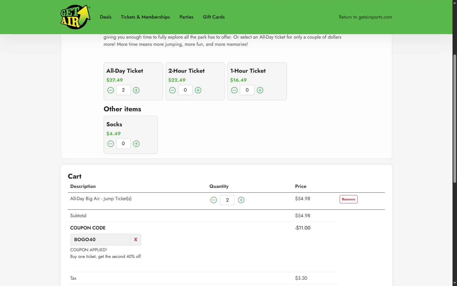 Get Air Trampoline Park checkout page showing Get Air Trampoline Park coupon code box | Screenshot taken by SimplyCodes community member on Dec 27, 2025