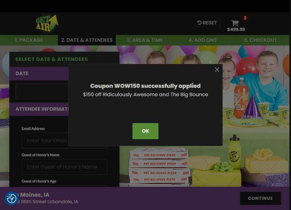 Get Air Trampoline Park checkout page showing Get Air Trampoline Park coupon code box | Screenshot taken by SimplyCodes community member on Dec 24, 2025