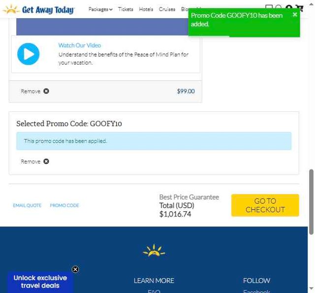 Get Away Today checkout page showing Get Away Today promo code box | Screenshot taken by SimplyCodes community member on Jul 11, 2025