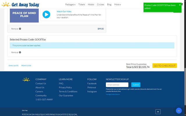 Get Away Today checkout page showing Get Away Today promo code box | Screenshot taken by SimplyCodes community member on Aug 21, 2025