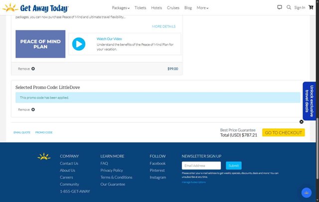 Get Away Today checkout page showing Get Away Today promo code box | Screenshot taken by SimplyCodes community member on Sep 2, 2025