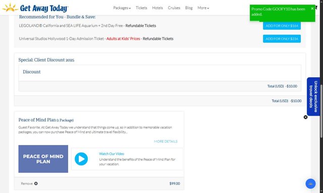 Get Away Today checkout page showing Get Away Today promo code box | Screenshot taken by SimplyCodes community member on Aug 20, 2025