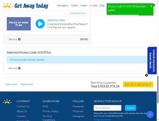 Get Away Today checkout page showing Get Away Today promo code box | Screenshot taken by SimplyCodes community member on Aug 21, 2025