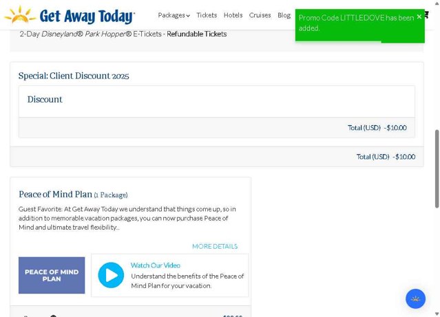Get Away Today checkout page showing Get Away Today promo code box | Screenshot taken by SimplyCodes community member on Aug 6, 2025