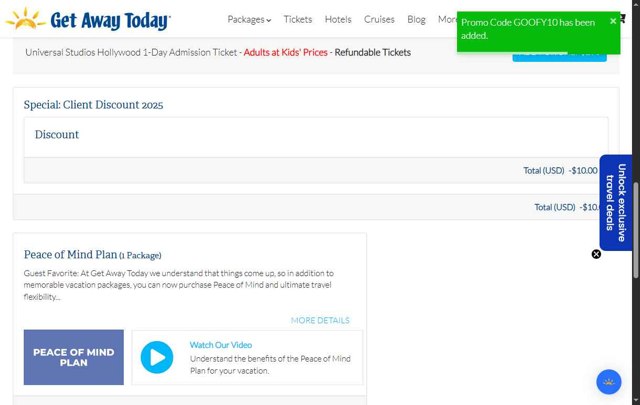 Get Away Today checkout page showing Get Away Today promo code box | Screenshot taken by SimplyCodes community member on Aug 30, 2025