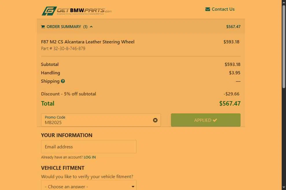 GetBMWparts.com checkout page showing GetBMWparts.com promo code box | Screenshot taken by SimplyCodes community member on Oct 7, 2025