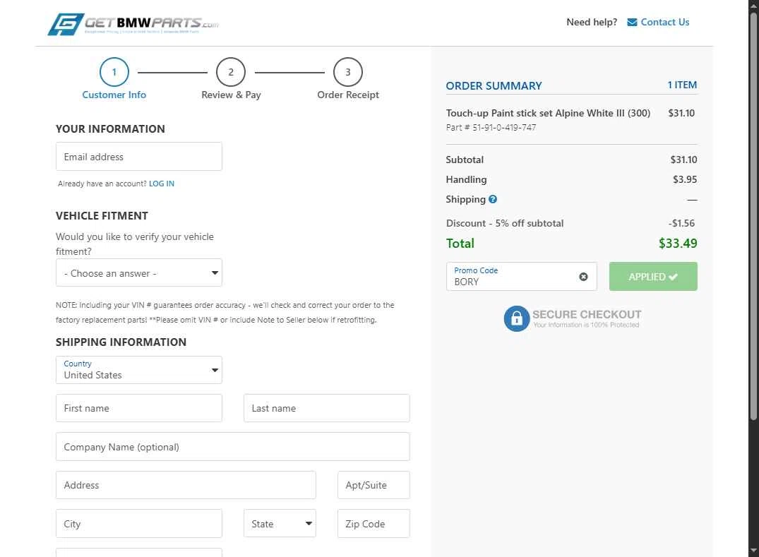 GetBMWparts.com checkout page showing GetBMWparts.com promo code box | Screenshot taken by SimplyCodes community member on Nov 8, 2025