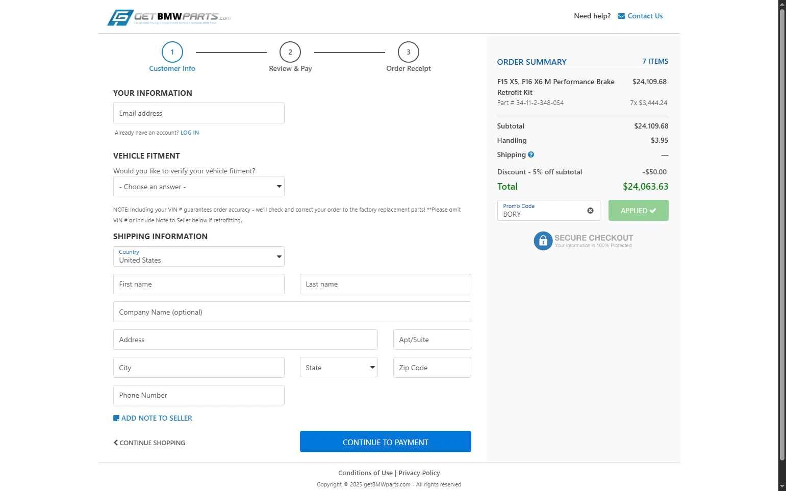 GetBMWparts.com checkout page showing GetBMWparts.com promo code box | Screenshot taken by SimplyCodes community member on Oct 18, 2025