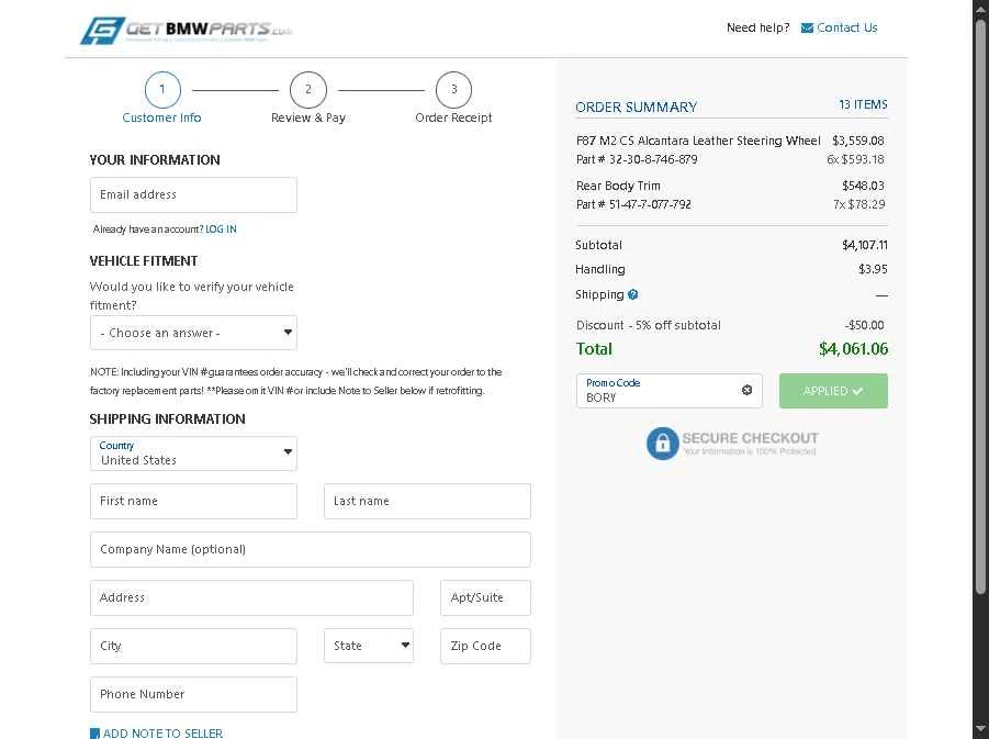 GetBMWparts.com checkout page showing GetBMWparts.com promo code box | Screenshot taken by SimplyCodes community member on Jan 5, 2026