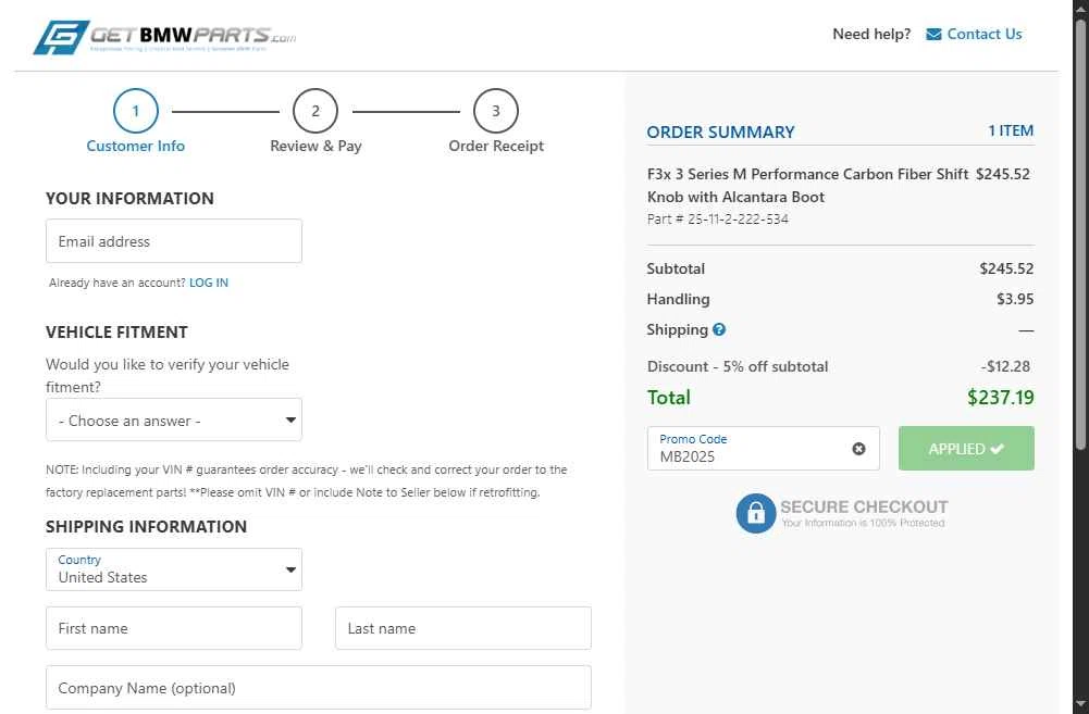 GetBMWparts.com checkout page showing GetBMWparts.com promo code box | Screenshot taken by SimplyCodes community member on Oct 7, 2025