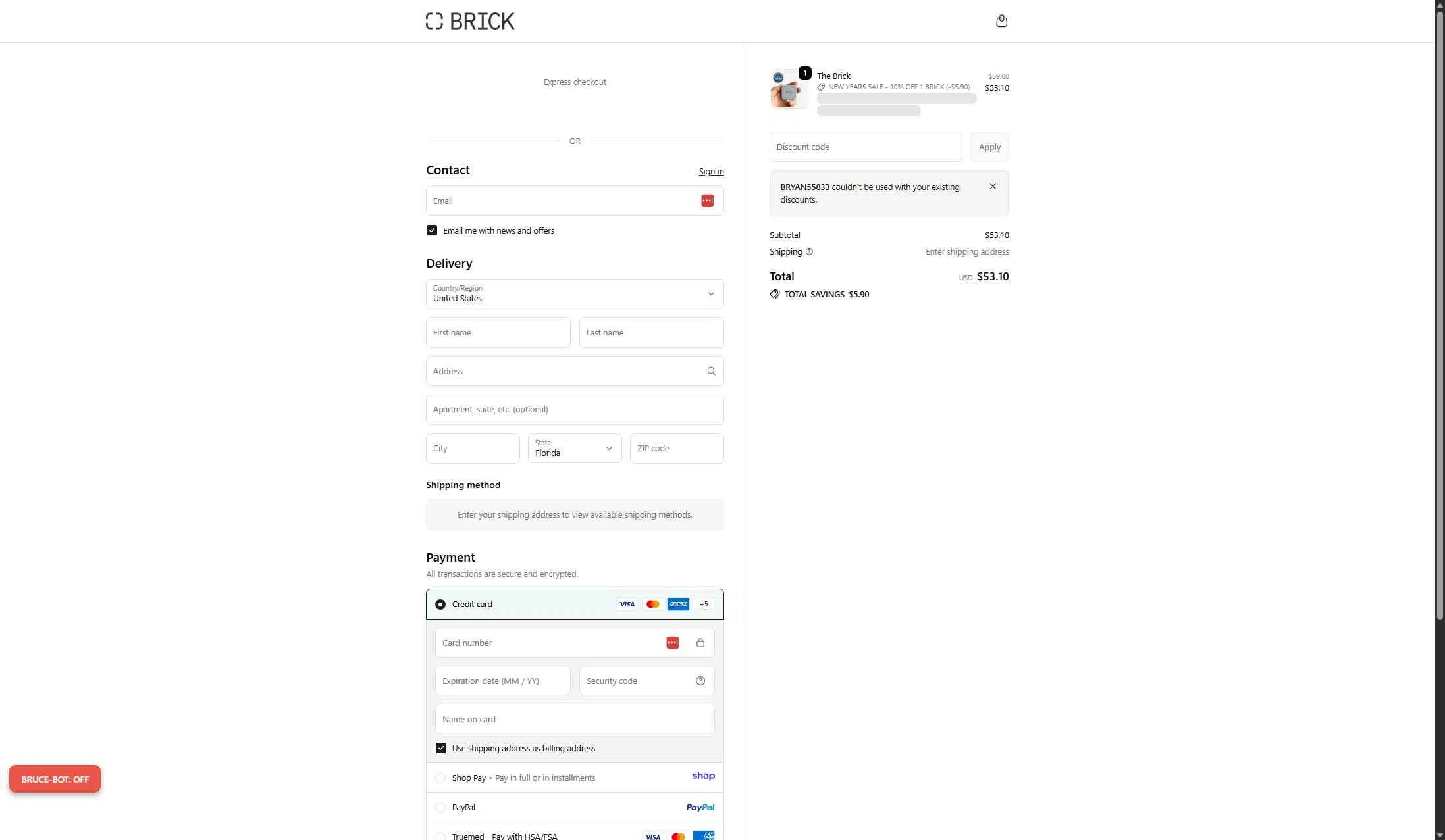 Getbrick.app checkout page showing Getbrick.app promo code box | Screenshot taken by SimplyCodes community member on Dec 31, 2025