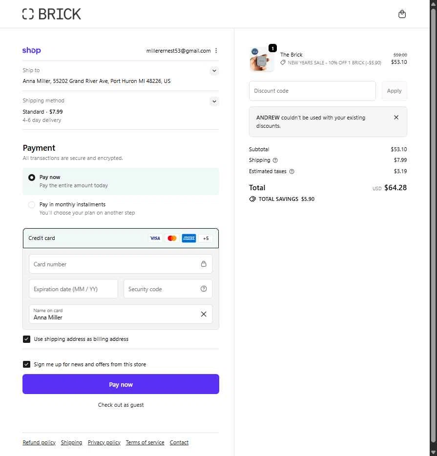 Getbrick.app checkout page showing Getbrick.app promo code box | Screenshot taken by SimplyCodes community member on Jan 5, 2026