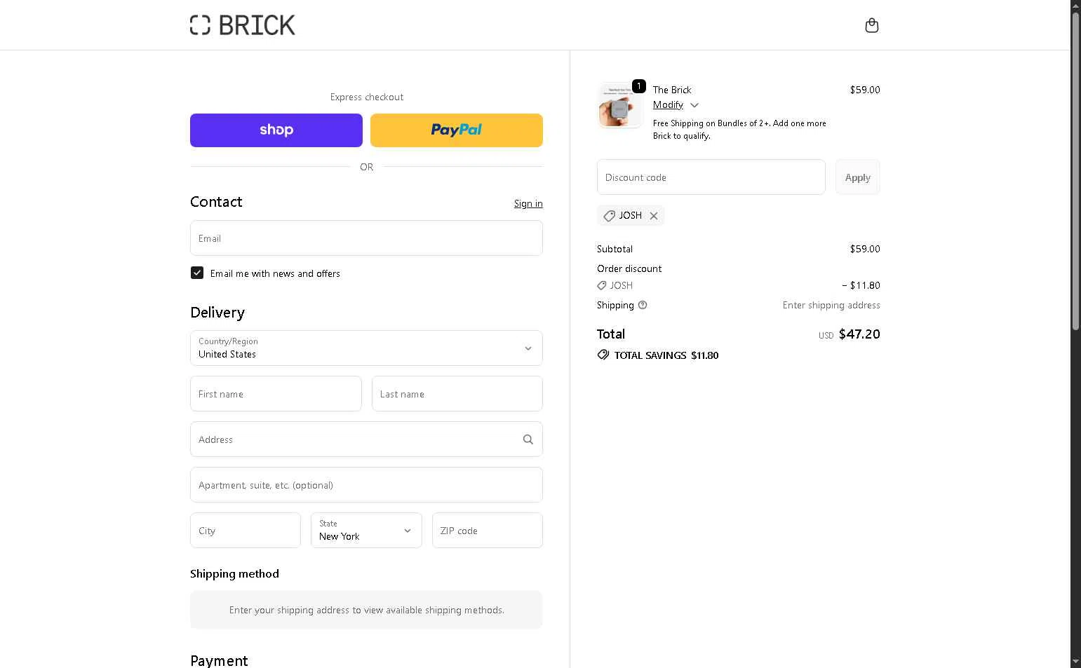 Getbrick.app checkout page showing Getbrick.app promo code box | Screenshot taken by SimplyCodes community member on Jan 27, 2026