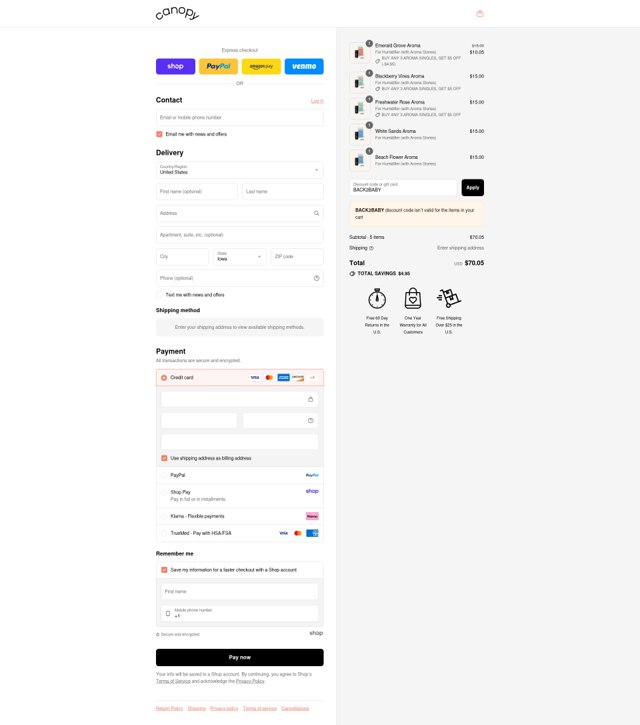 Canopy checkout page showing Canopy promo code box | Screenshot taken by SimplyCodes community member on Aug 31, 2025