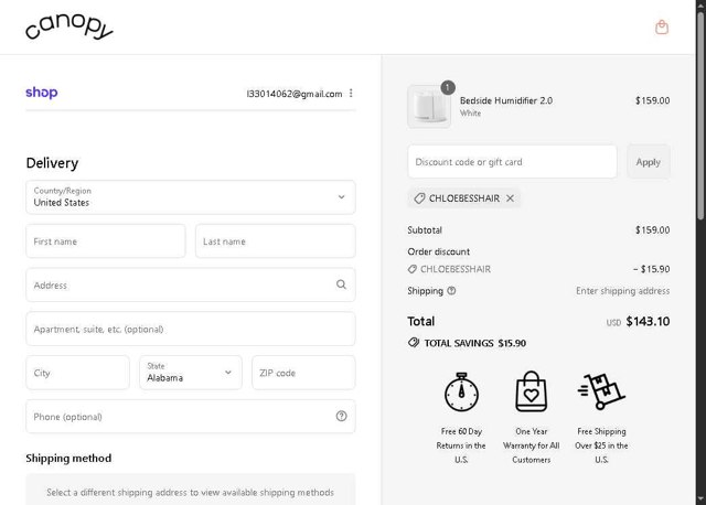 Canopy checkout page showing Canopy promo code box | Screenshot taken by SimplyCodes community member on Sep 4, 2025