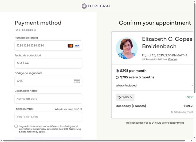 Cerebral checkout page showing Cerebral promo code box | Screenshot taken by SimplyCodes community member on Jul 6, 2025