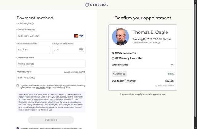 Cerebral checkout page showing Cerebral promo code box | Screenshot taken by SimplyCodes community member on Aug 4, 2025