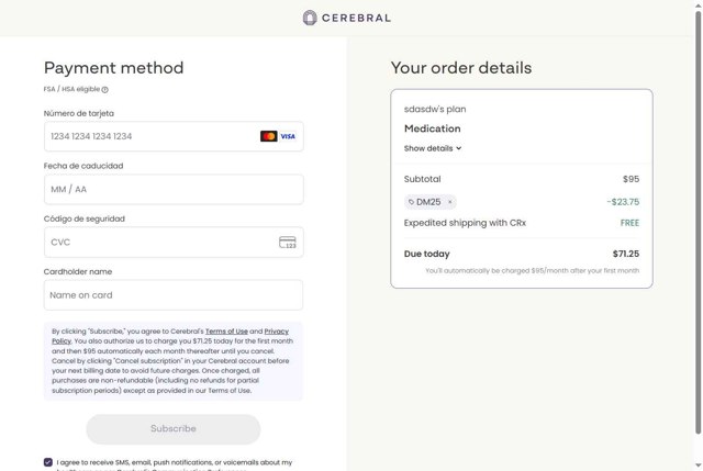 Cerebral checkout page showing Cerebral promo code box | Screenshot taken by SimplyCodes community member on Jun 7, 2025