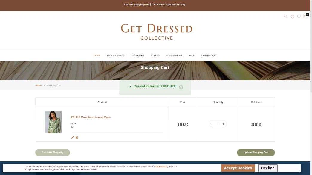Get Dressed Collective checkout page showing Get Dressed Collective promo code box | Screenshot taken by SimplyCodes community member on Oct 29, 2025
