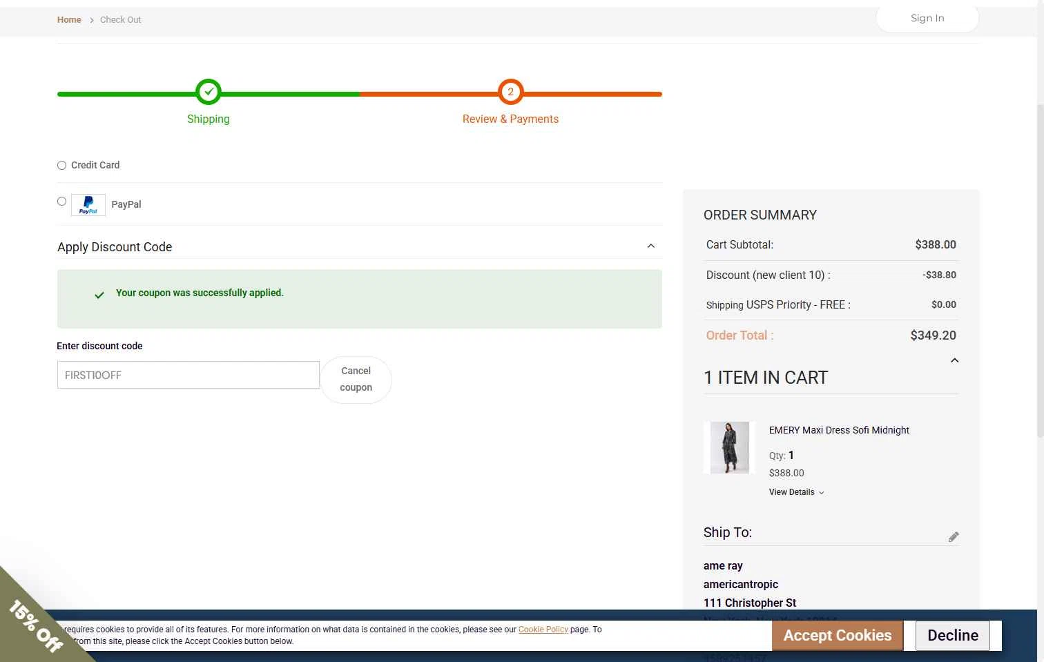 Get Dressed Collective checkout page showing Get Dressed Collective promo code box | Screenshot taken by SimplyCodes community member on Sep 9, 2025