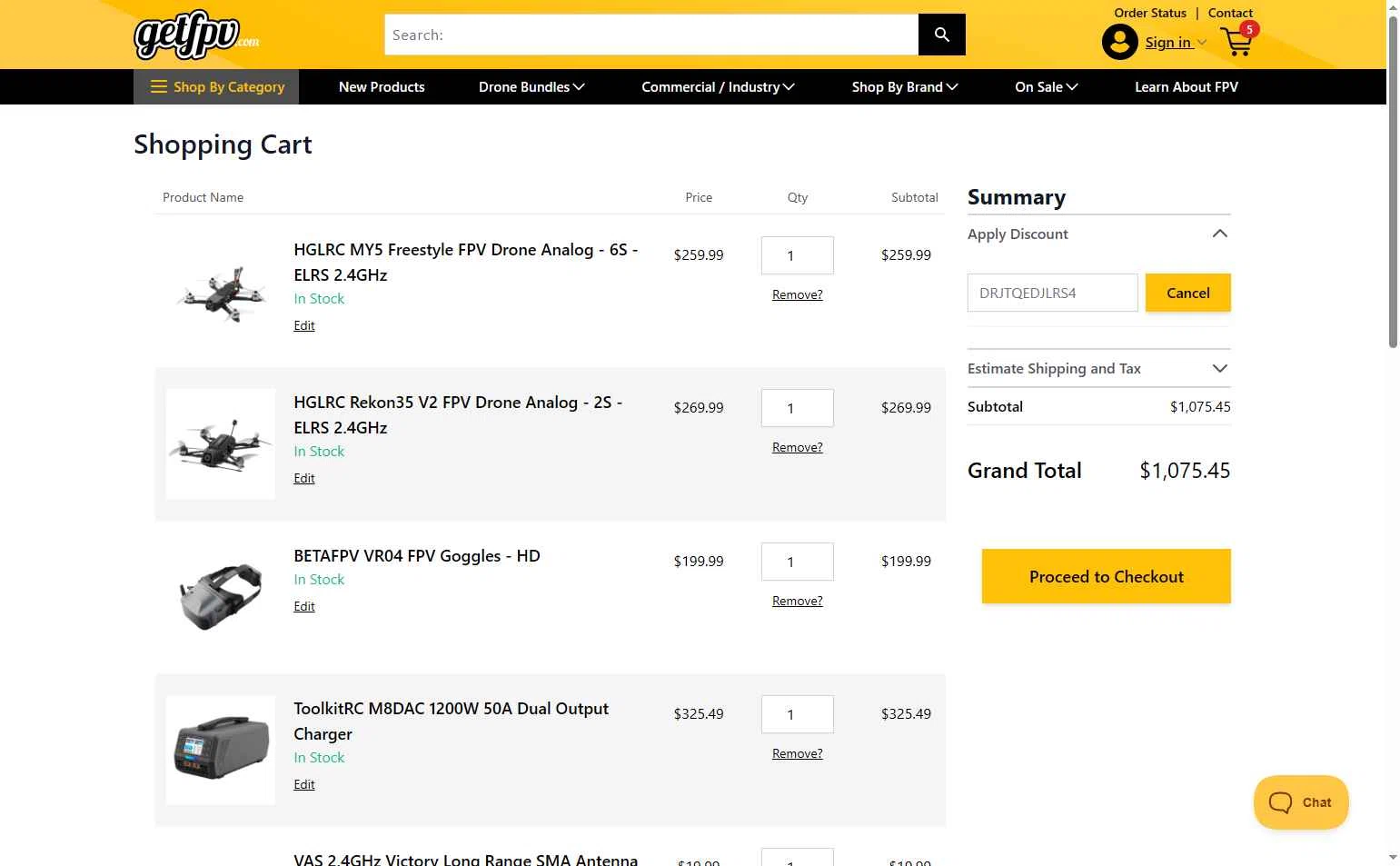 GetFPV checkout page showing GetFPV discount code box | Screenshot taken by SimplyCodes community member on Jan 21, 2026