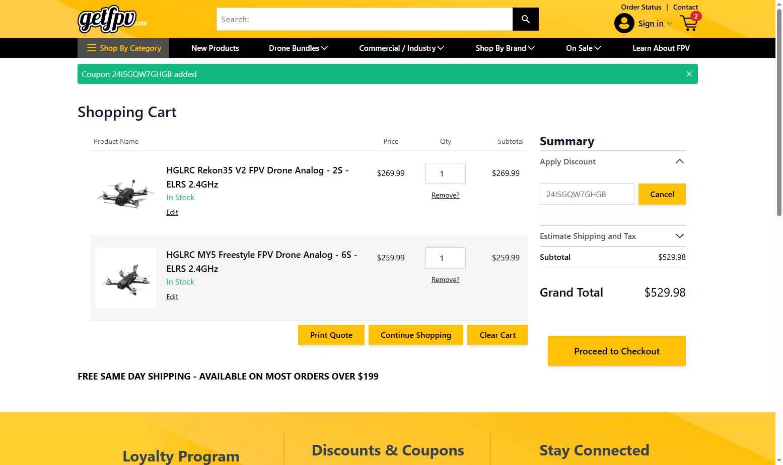 GetFPV checkout page showing GetFPV discount code box | Screenshot taken by SimplyCodes community member on Jan 21, 2026