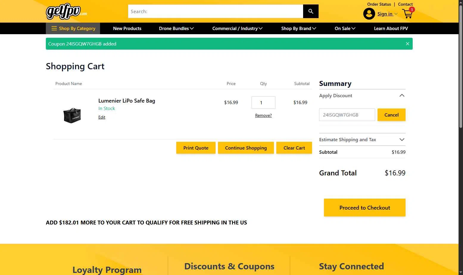 GetFPV checkout page showing GetFPV discount code box | Screenshot taken by SimplyCodes community member on Dec 5, 2025