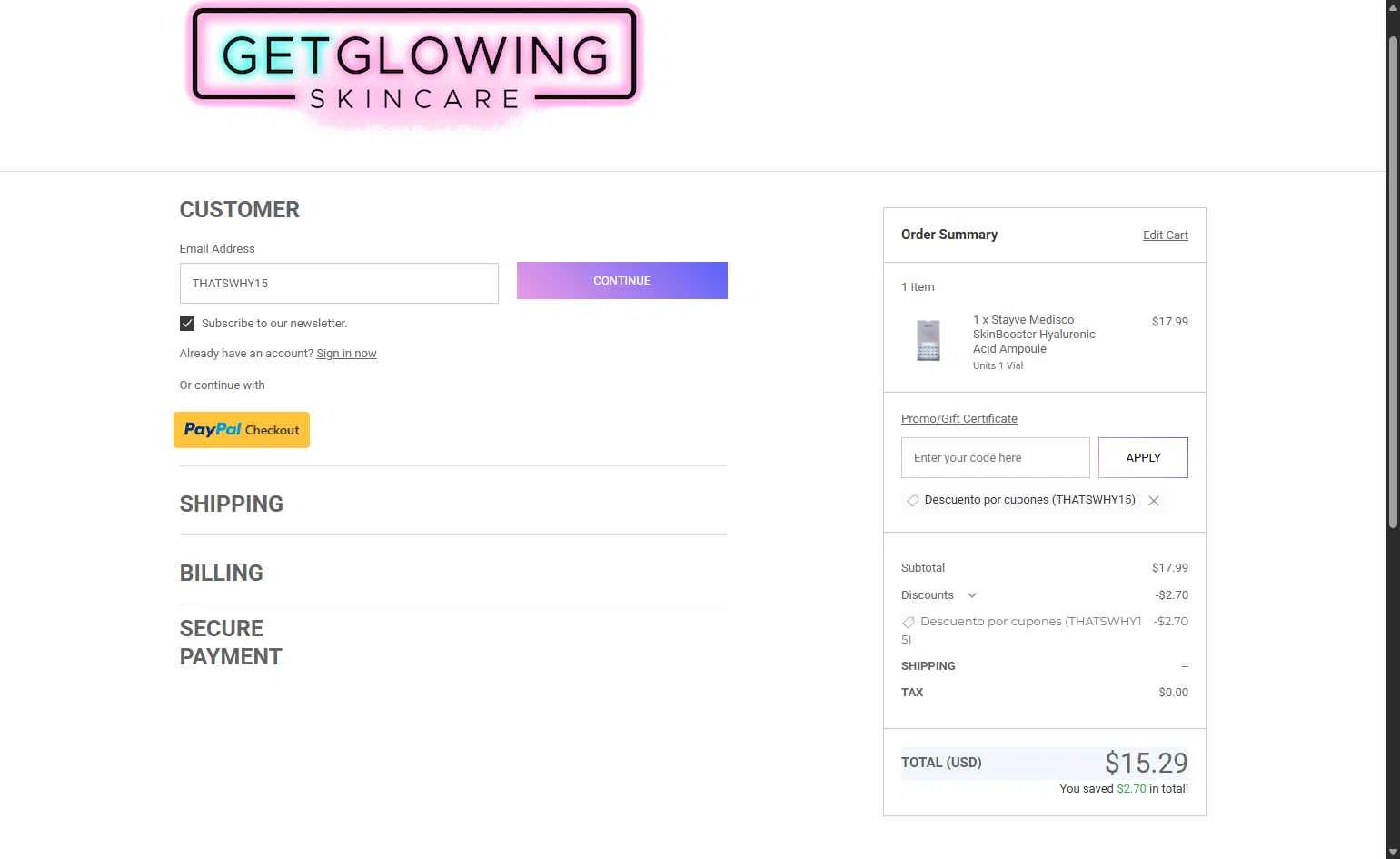 Get Glowing Skin Care checkout page showing Get Glowing Skin Care promo code box | Screenshot taken by SimplyCodes community member on Jan 21, 2026
