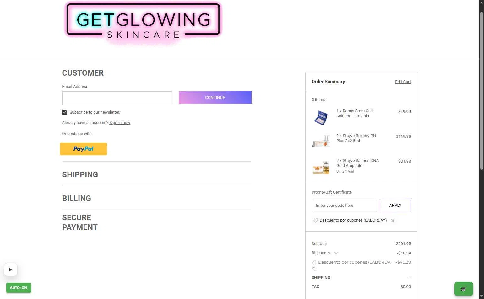 Get Glowing Skin Care checkout page showing Get Glowing Skin Care promo code box | Screenshot taken by SimplyCodes community member on Feb 17, 2026