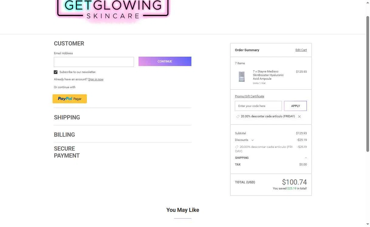 Get Glowing Skin Care checkout page showing Get Glowing Skin Care promo code box | Screenshot taken by SimplyCodes community member on Jan 22, 2026