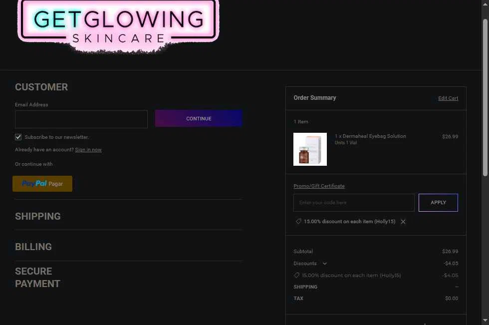 Get Glowing Skin Care checkout page showing Get Glowing Skin Care promo code box | Screenshot taken by SimplyCodes community member on Jan 21, 2026