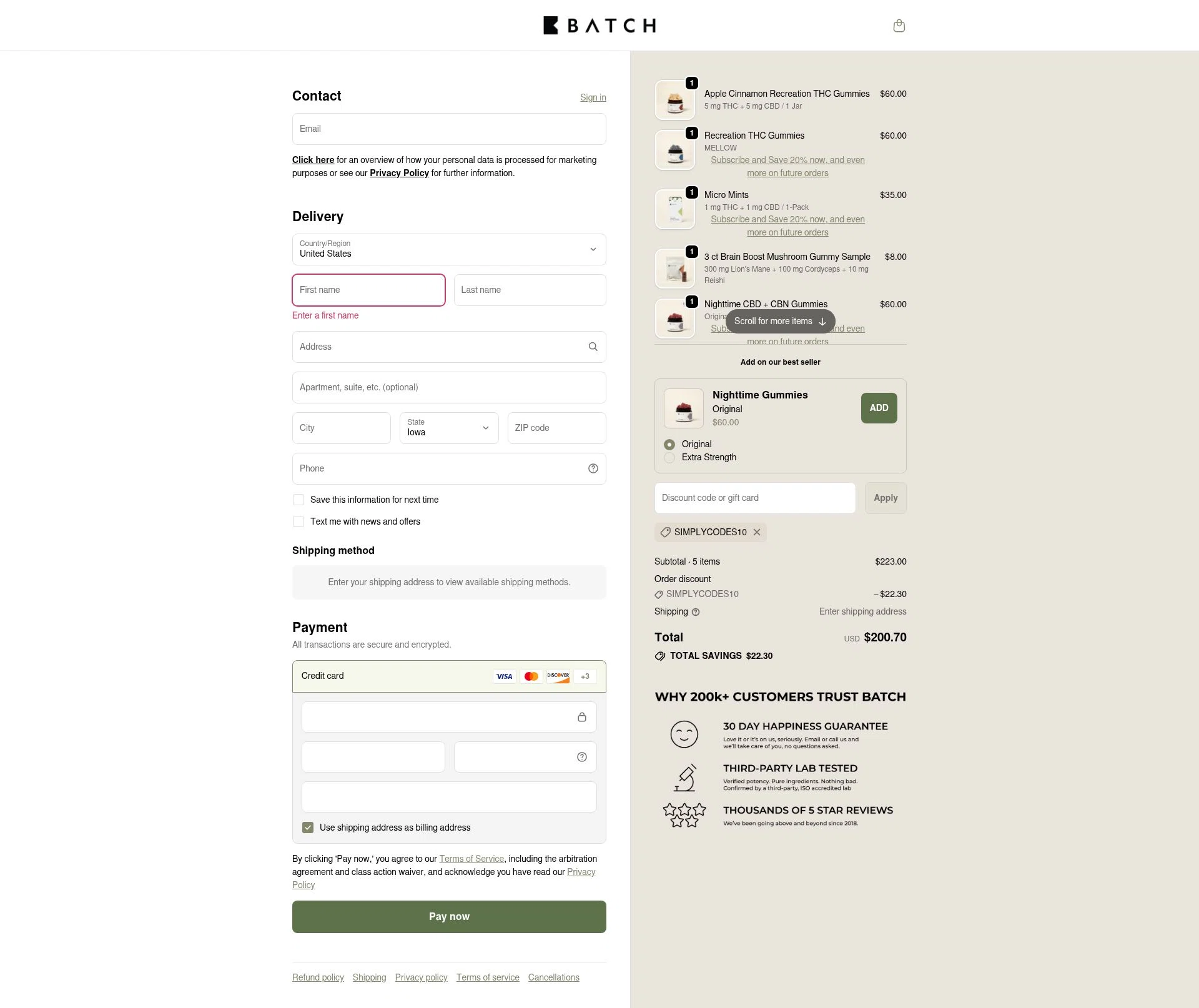 BATCH CBD checkout page showing BATCH CBD discount code box | Screenshot taken by SimplyCodes community member on Dec 6, 2025