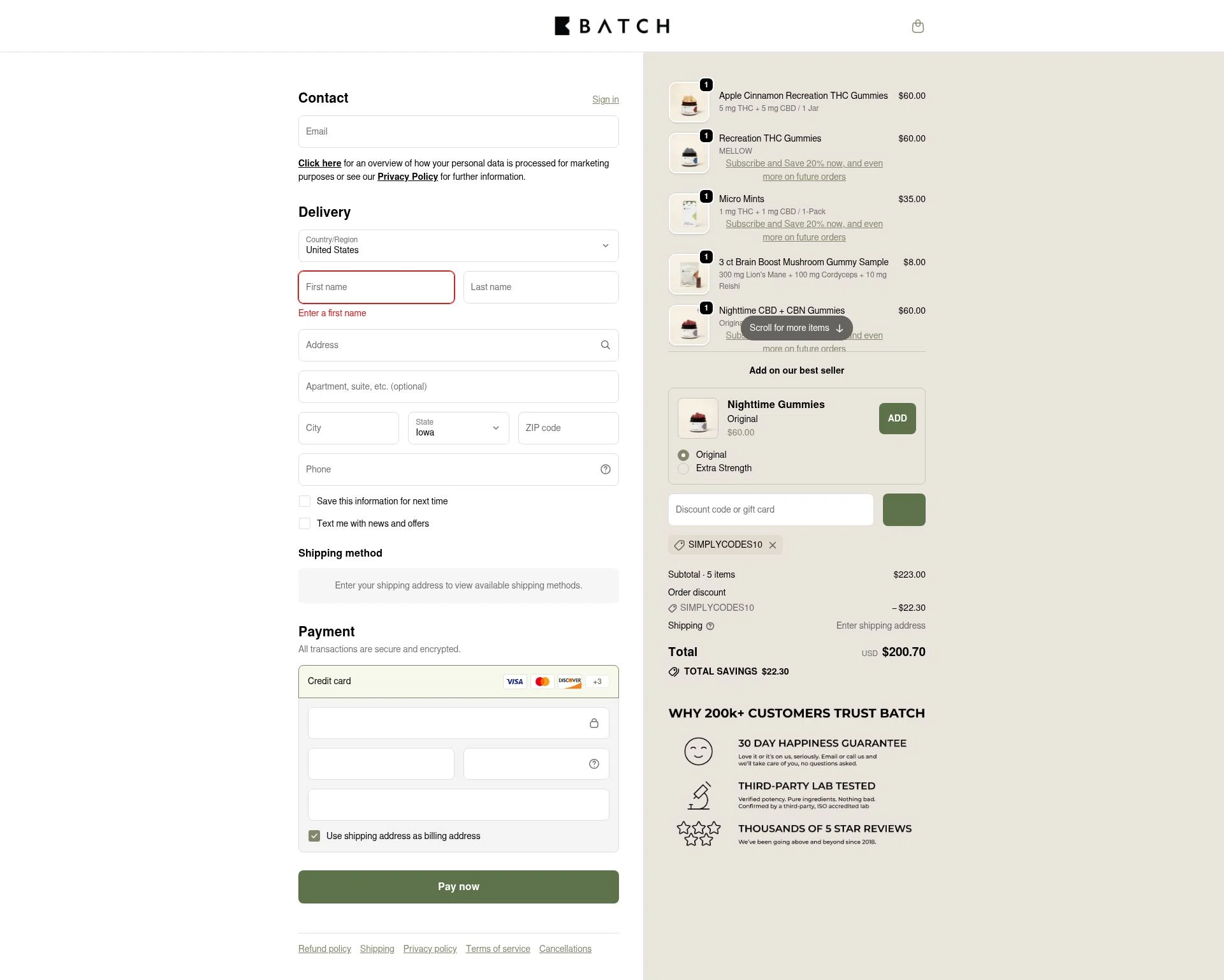 BATCH CBD checkout page showing BATCH CBD discount code box | Screenshot taken by SimplyCodes community member on Jan 8, 2026